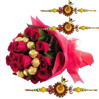 Send Online 16 pcs Ferrero Rocher 24 Red Roses Bouquet with Rakhi to India