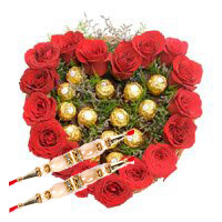 Rakhi Gifts to India with Heart Of 16 Pcs Ferrero Roacher N 18 Red Roses