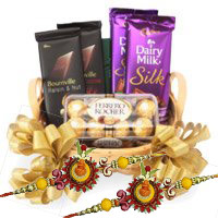 Send Silk, Bournville and Ferrero Rocher Chocolate Basket of Rakhi Gifts to India