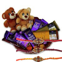 Buy Best Rakhi Gift in India that includes Twin Teddy Chocolate Basket