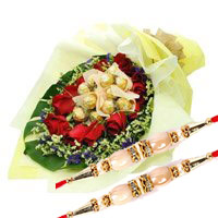 Deliver 12 Red Roses with 10 Ferrero Rocher Bouquet. Online Rakhi Gifts to India