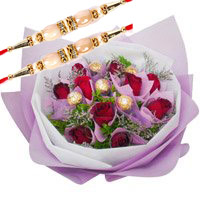Deliver Rakhi to India to send 12 Red Roses 5 Ferrero Rocher Bouquet