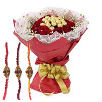 Send 16 Pcs Ferrero Rocher Chocolate encircled with 20 Red Roses and Flowers to India on Rakhi
