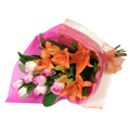 Yellow Lily and Pink Roses Bouquet 15 Flowers to India