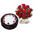 500 gm Black Forest Cake with 12 Red Roses Bouquet ; Send Cakes to India