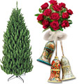 Share your Christmas Joy by sending Christmas Tree, 12 Red Roses Bouquet and Bells (3 Inches)
