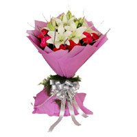 Deliver Online Flowers in India : Send 5 white Lily 10 Red Carnation Flower Bouquet