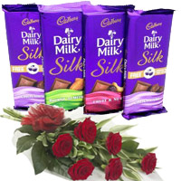 Deliver 4 Cadbury Dairy Milk Silk Chocolates With 6 Red Roses. Gifts in India