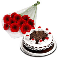Diwali Flowers Delivery in India. Deliver 12 Red Gerbera with 1/2 Kg Black Forest Cake to India