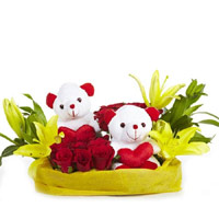 Deliver Online Flowers to India - Rose Lily Teddy