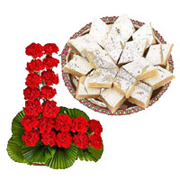 Diwali Gifts to India to Send 24 Red Carnation Basket with 1/2 Kg Kaju Burfi to Tirupati
