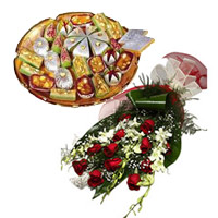 Send Diwali Gifts to India. 6 White Orchids and 12 Red Roses to India with Bunch and 1 Kg Assorted Kaju Sweets in India