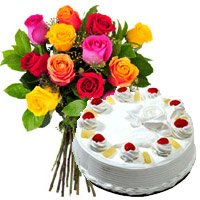 Deliver Dussehra Gifts in India. 12 Mix Roses 1 Kg Pineapple Cake in India