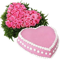 36 Pink Roses Heart 1 Kg Eggless Strawberry Cake to India Midnight Delivery