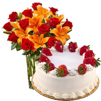 Send 8 Orange Lily 12 Roses Vase 1 Kg Strawberry Cake to India Online 5 Star Bakery