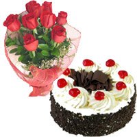 Buy Online 1 Kg Black Forest Cake to India and 12 Red Roses Bouquet India