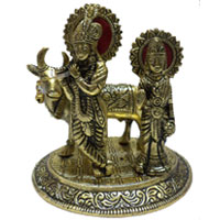 Gift Radha Krishan with Cow in Brass