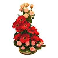 Deliver Online Diwali Flowers to Hyderabad. Red Gerbera Pink Roses Basket 24 Flowers