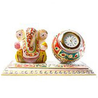 Ganesh and Clock in Marble. Ganesh Chaturthi Gifts to India