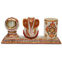 Ganesh Chaturthi Gifts to India Online among Ganesh, Clock and Pen Holder in Marble