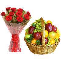 Send Rakhi Gift of 12 Red Roses Bouquet with 2 Kg Mix Fresh Fruits in India