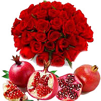 Send 50 Red Roses Bouquet to India with 1 Kg Fresh Fruit Promegranate, Rakhi Gifts to India