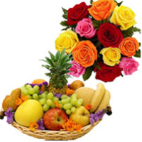 Send Rakhi Gifts to India. 12 Mix Roses Bunch with 1 Kg Fresh Fruits Basket to India