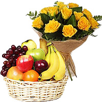 Order 10 Yellow Rose Bunch 2 Kg Fresh Fruit Basket Delivery India on Rakhi