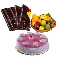 Send Raksha Bandhan Gifts to India. 5 Cadbury Bournville Chocolates with 1 Kg Fresh Fruits Basket and 500 gm Strawberry Cake