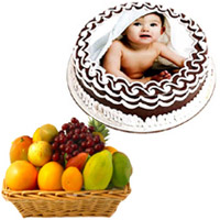 Online Rakhi Gift Delivery in India.1 Kg Chocolate Photo Cake with 2 Kg Fresh Fruits Basket