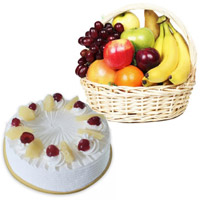 Rakhi Gift Delivery in India. 1 Kg Fresh Fruits Basket with 500 gm Pineapple Cake