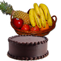 Send Rakhi Gifts of 2 Kg Fresh Fruits Basket with 1 Kg Chocolate Cake in India