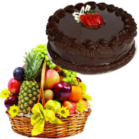 Send Raksha Bandhan Gifts to India. 3 Kg Fresh Fruit Basket with 1 Kg Chocolate Cake to India