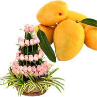 Send Pink Flowers Basket 50 Flowers in India with 12 pcs Fresh Mango Fruit on Rakhi