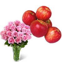 Send 20 Pink Roses in Vase with 1 Kg Fresh Apple Fruit to India for your Brother or Sister on Rakhi