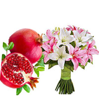 Send 1 Kg Fresh Promegranate with Pink White Lily Bouquet 6 Stems Online, Send Rakhi to India Online