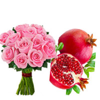 Order Pink Roses Bouquet 12 Flowers with 1 Kg Promegranate, Fruits Buy Online India for Rakhi