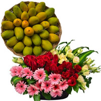Send Rakhi Gifts of 20 Red and Yellow Roses with 10 Pink Gerbera and 2 Kg Fresh Mango