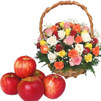 Online Rakhi Gift to India of Mixed Roses Basket 45 Flowers with 1 Kg Fresh Apple