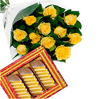 Diwali Gifts to Secunderabad. 1 kg Kaju Katli and 12 Yellow Roses Flowers in India