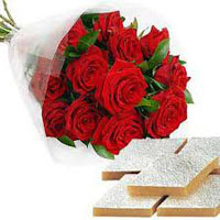 Diwali Gifts in India. 12 Red Roses and 250 gm Kaju Burfi