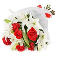 Online Delivery of 3 White Lily and 9 Red Roses Bouquet to India. Diwali Flowers in India
