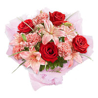 Send Diwali Flowers to India. 3 Pink Lily 6 Red Rose 6 Pink Carnation Flower Bouquet to India