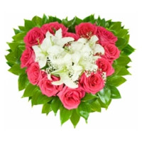 Diwali Flowers to India comprising 5 White Lily 24 Pink Roses to India in Heart Shape