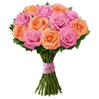 New Born Flowers Delivery in India. Online Order for Peach Pink Rose Bouquet 12 Flowers