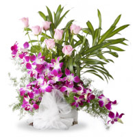 Diwali Flower in India with Orchids n Roses Arrangement 16 Flowers
