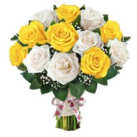 Send Dussehra Flowers to India. Yellow White Roses Bouquet 12 Flowers to India