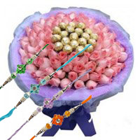Send Rakhi Gift to India and 50 Pink Roses 16 Pcs Ferrero Rocher Bouquet to India