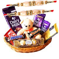 Send Rakhi Gift in India with Exotic Chocolate Basket With 6 Inch Teddy on Rakhi
