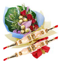 Send 6 Red Roses 10 Pcs Ferrero Rocher Bouquet to India on Rakhi. Send Rakhi Gifts to India